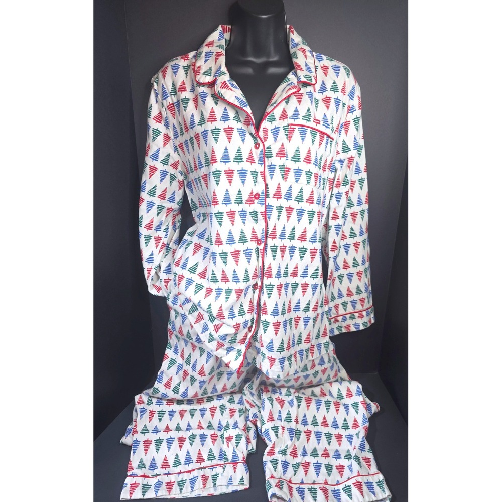 Talbots Christmas Tree Pajama Set Red Green Blue Cotton Blend SZ Large